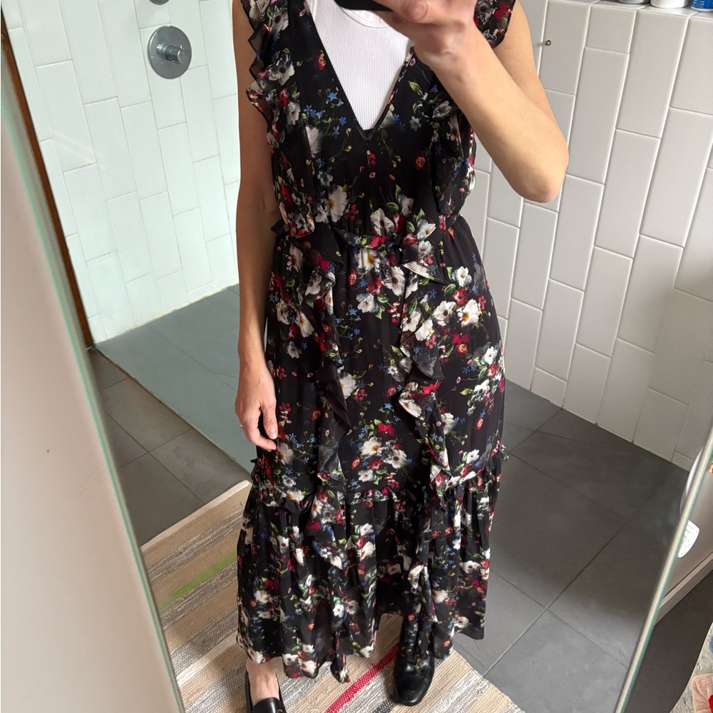 Marissa Webb Black Floral Print Silk Maxi Dress